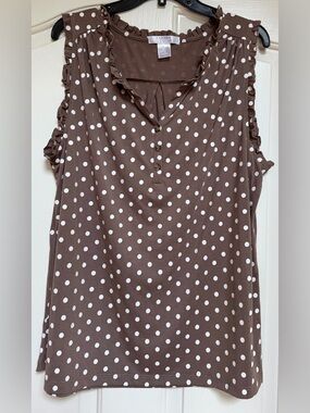 Brown Polka Dot Blouse Ruffle Sleeveless Top XL Trendy Cottagecore